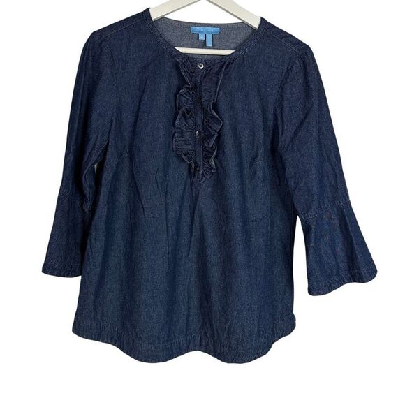 Draper James Womens Medium Ruffle Placket Top Chambray Denim Shirt - Picture 1 of 8